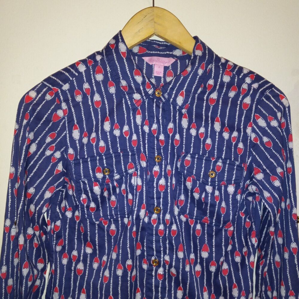 Lilly Pulitzer Size 2 Cruiser Button Up Shirt-Camp Oh Buoy-Roll Tab Sleeve - Picture 3 of 10